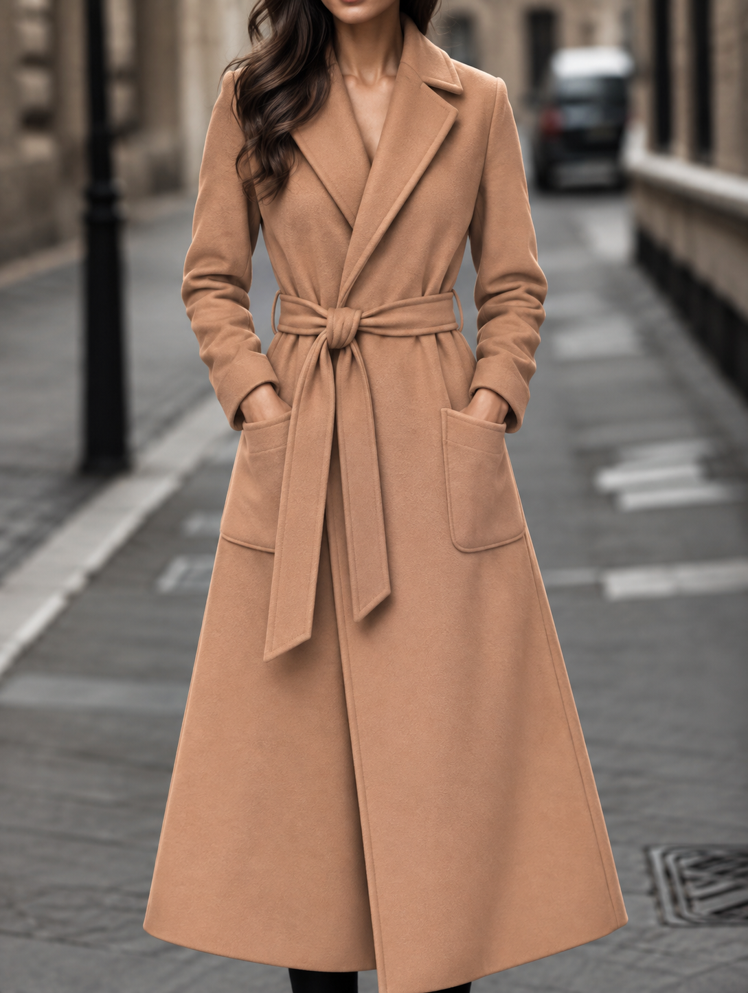 Carmel | Longline Belted Wrap Coat with Notch Lapels and Patch Pockets