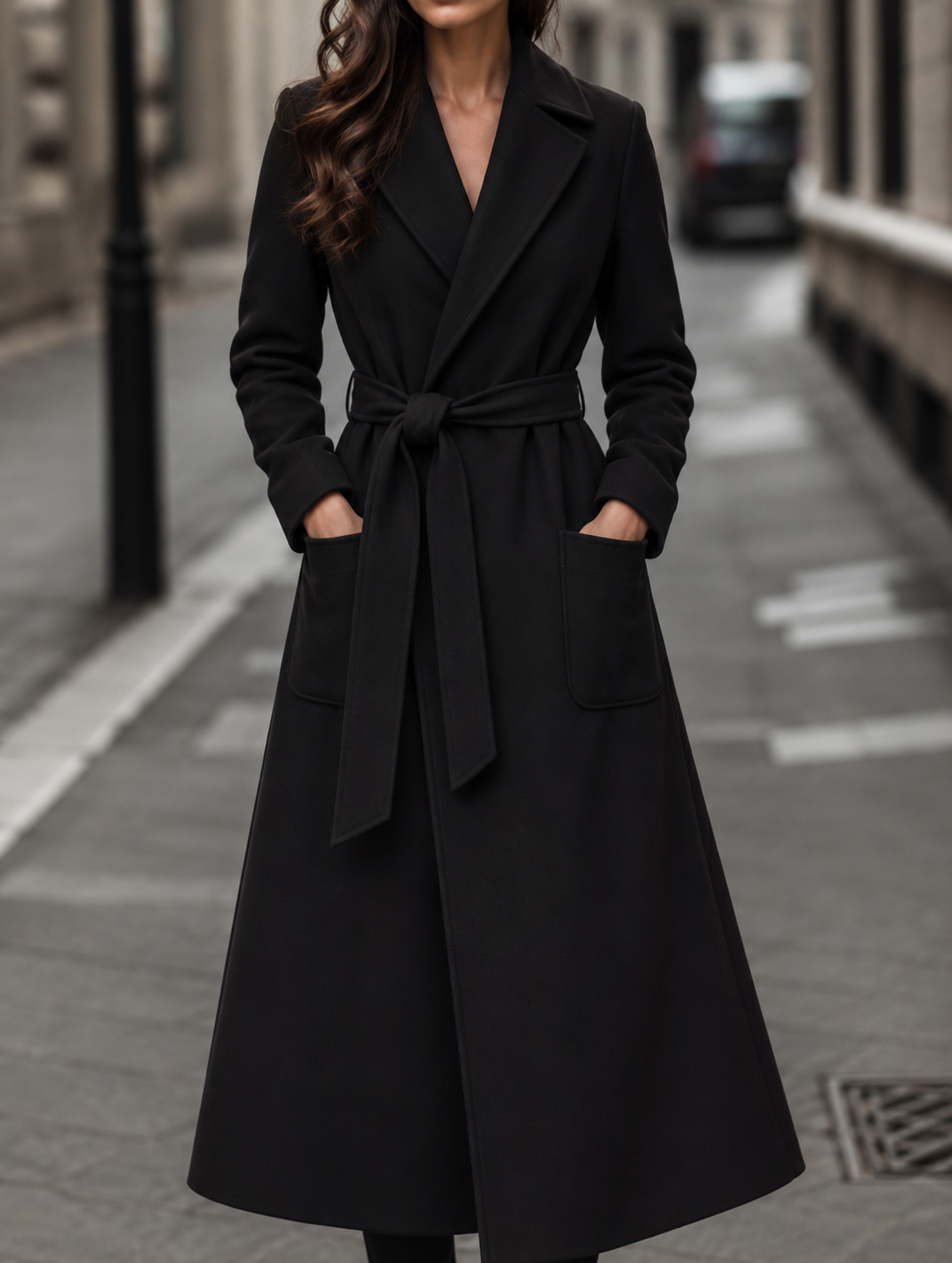 Carmel | Longline Belted Wrap Coat with Notch Lapels and Patch Pockets