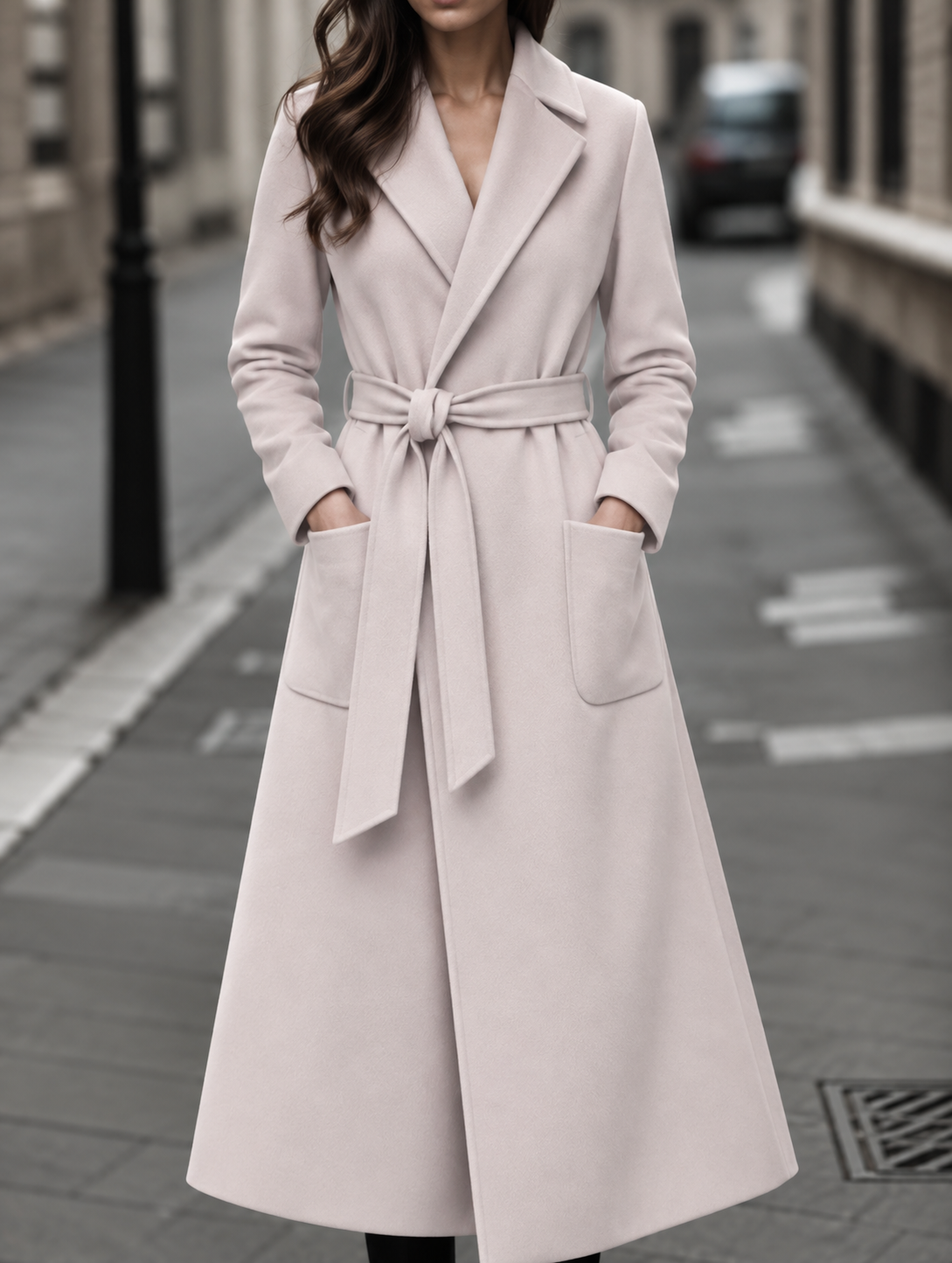 Carmel | Longline Belted Wrap Coat with Notch Lapels and Patch Pockets