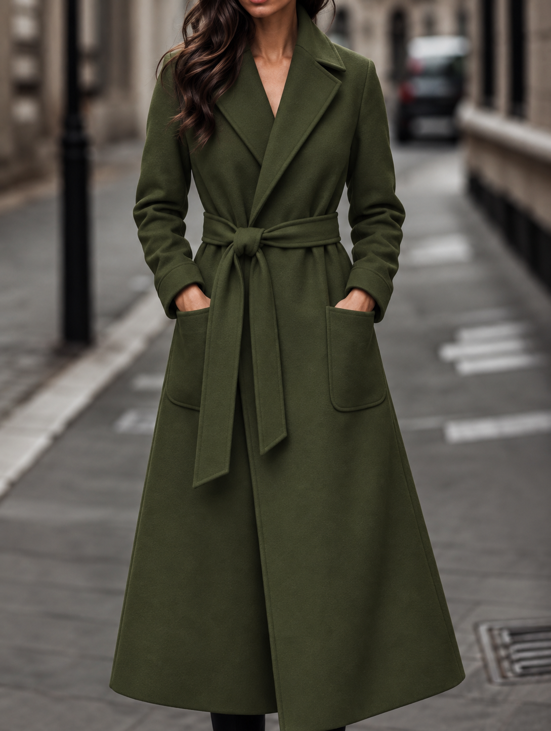Carmel | Longline Belted Wrap Coat with Notch Lapels and Patch Pockets