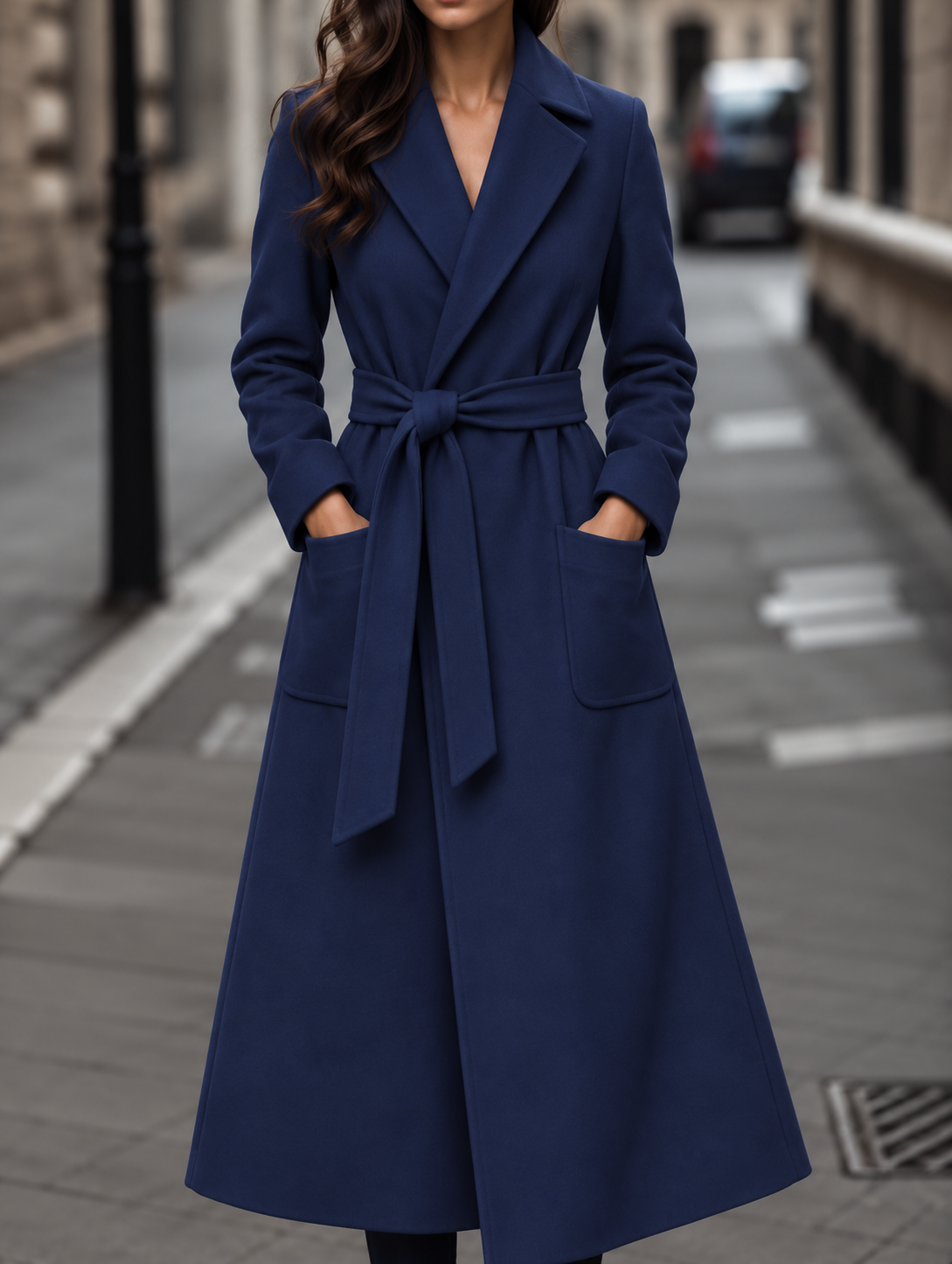 Carmel | Longline Belted Wrap Coat with Notch Lapels and Patch Pockets
