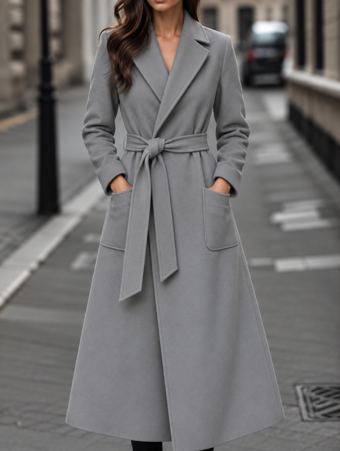 Carmel | Longline Belted Wrap Coat with Notch Lapels and Patch Pockets