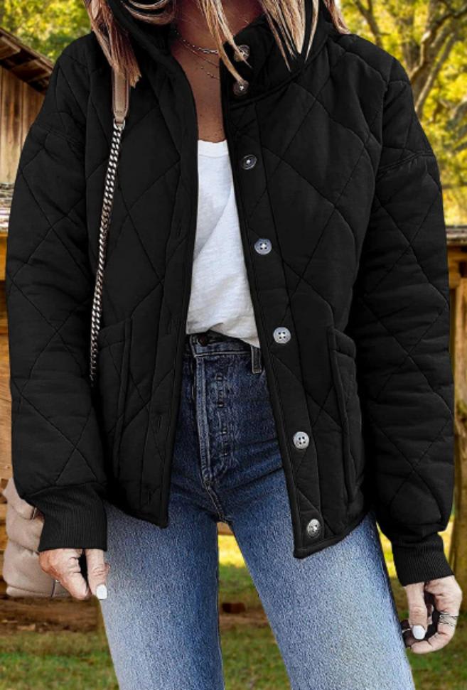 Lorraine | Diamond Quilted Button Front Bomber Jacket with Stand Collar