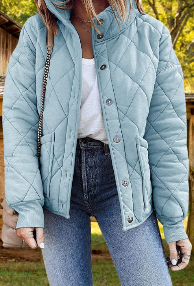 Lorraine | Diamond Quilted Button Front Bomber Jacket with Stand Collar