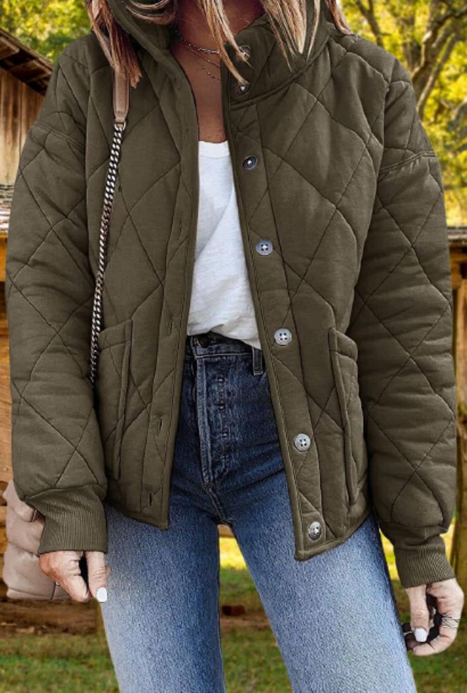 Lorraine | Diamond Quilted Button Front Bomber Jacket with Stand Collar