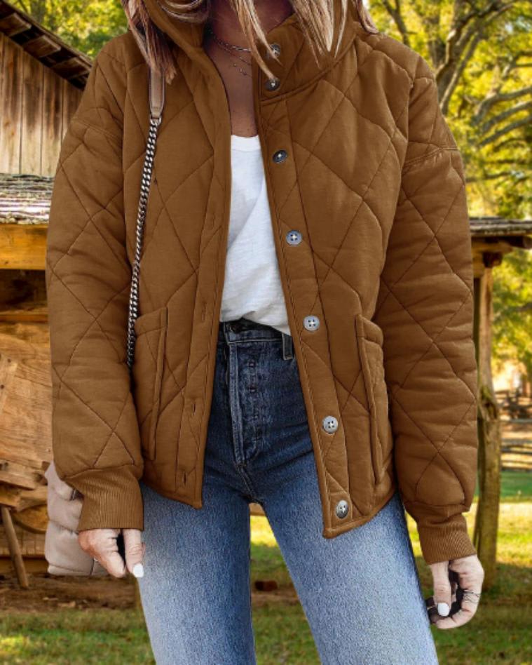 Lorraine | Diamond Quilted Button Front Bomber Jacket with Stand Collar