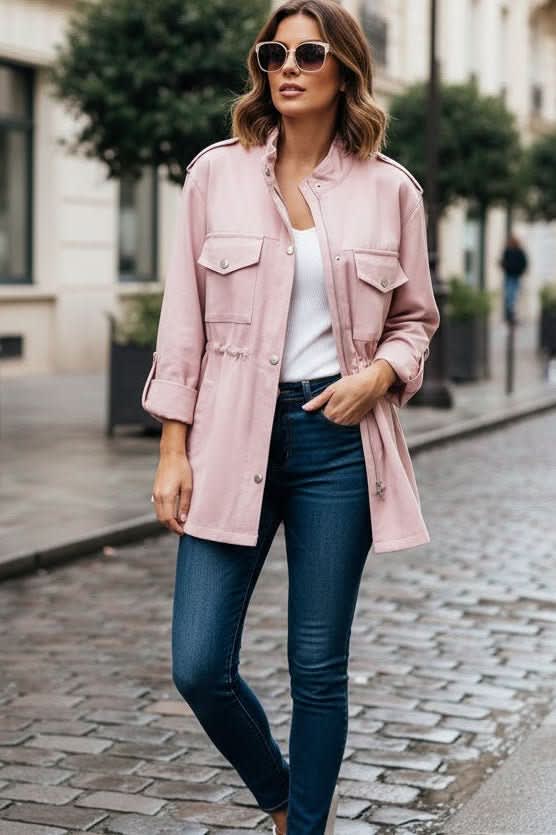 Utility style jacket with stand collar, zip and snap front, two flap chest pockets, two hip pockets, drawstring waist and tabbed cuffs, shown on a wooden hanger over a white top._2