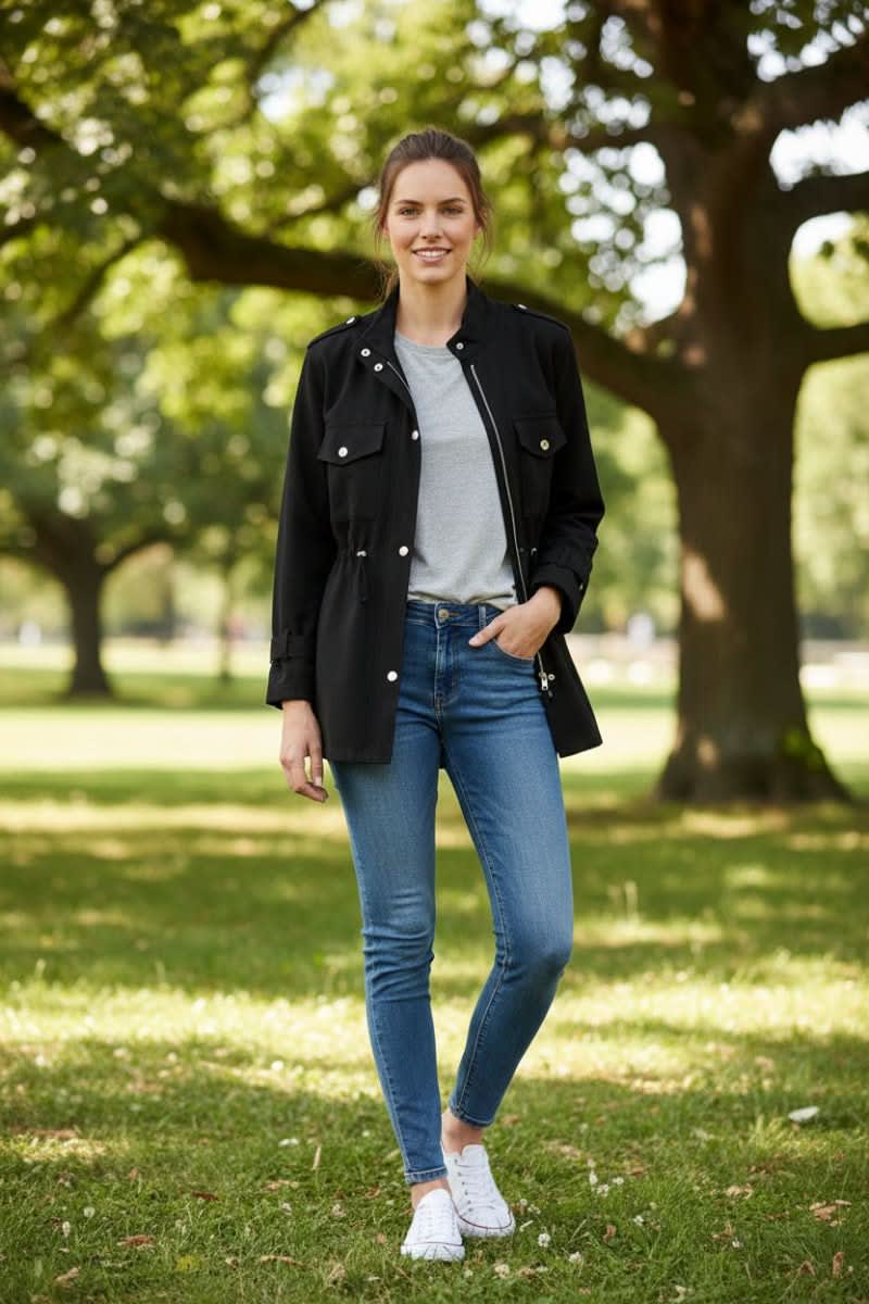 Utility style jacket with stand collar, zip and snap front, two flap chest pockets, two hip pockets, drawstring waist and tabbed cuffs, shown on a wooden hanger over a white top._4