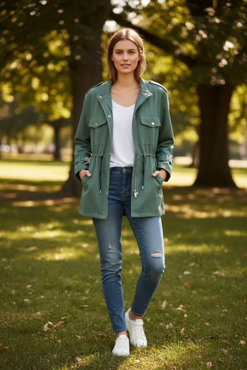 Utility style jacket with stand collar, zip and snap front, two flap chest pockets, two hip pockets, drawstring waist and tabbed cuffs, shown on a wooden hanger over a white top._6
