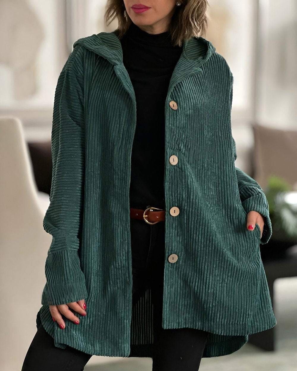 Julie | Ribbed Corduroy Button Front Shirt Jacket with Pockets