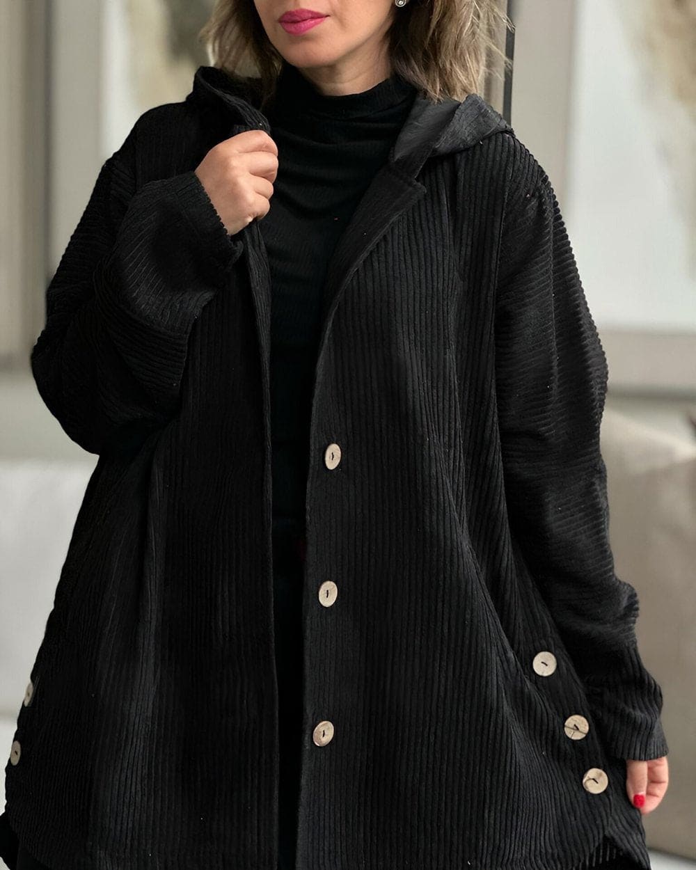 Julie | Ribbed Corduroy Button Front Shirt Jacket with Pockets