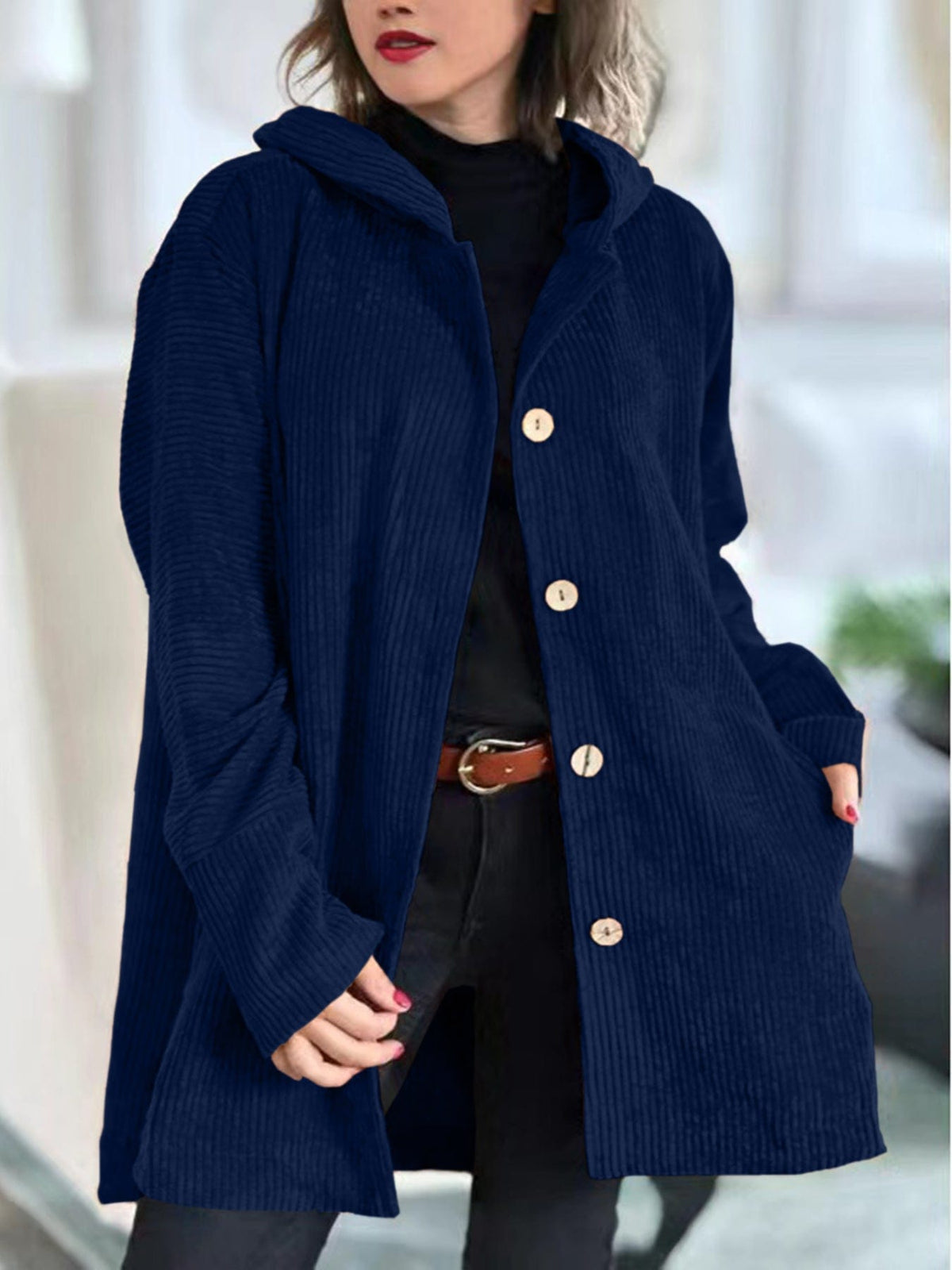 Julie | Ribbed Corduroy Button Front Shirt Jacket with Pockets