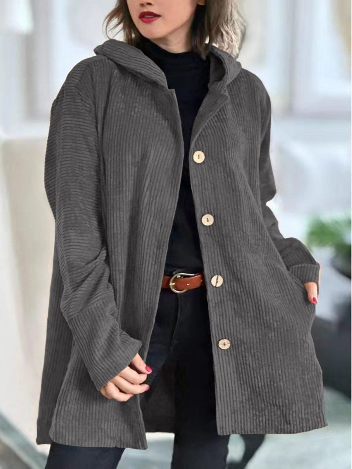 Julie | Ribbed Corduroy Button Front Shirt Jacket with Pockets