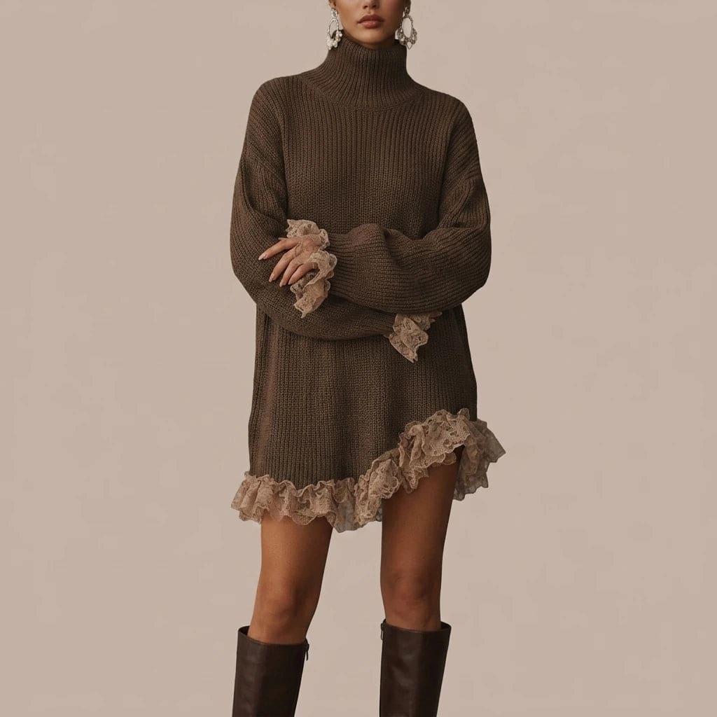 Oversized turtleneck knit mini dress with lace ruffle trim at the hem and cuffs, worn with tall boots._0