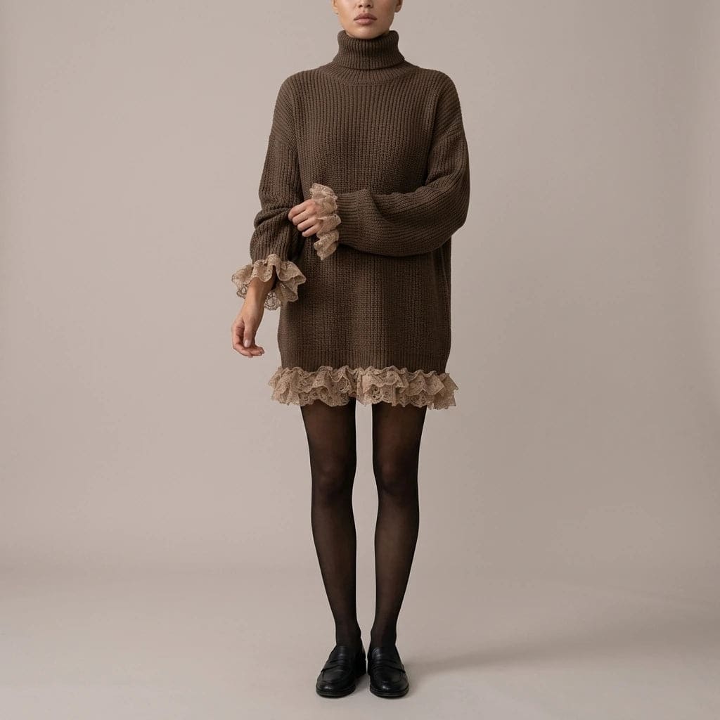 Oversized turtleneck knit mini dress with lace ruffle trim at the hem and cuffs, worn with tall boots._2