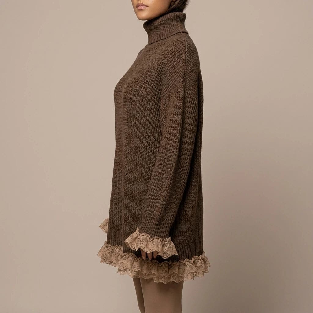 Oversized turtleneck knit mini dress with lace ruffle trim at the hem and cuffs, worn with tall boots._3