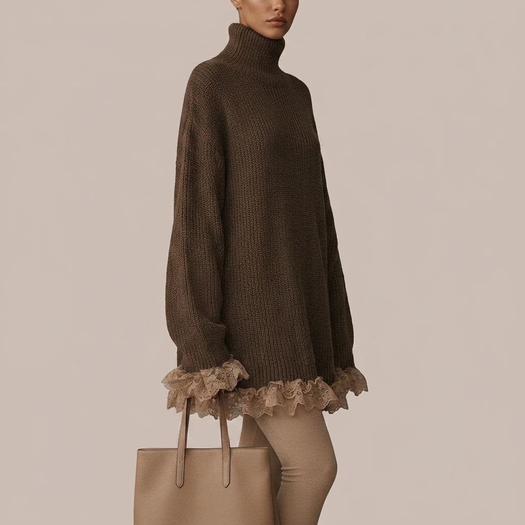 Nicola | Oversized Turtleneck Knit Mini Dress with Lace Ruffle Trim