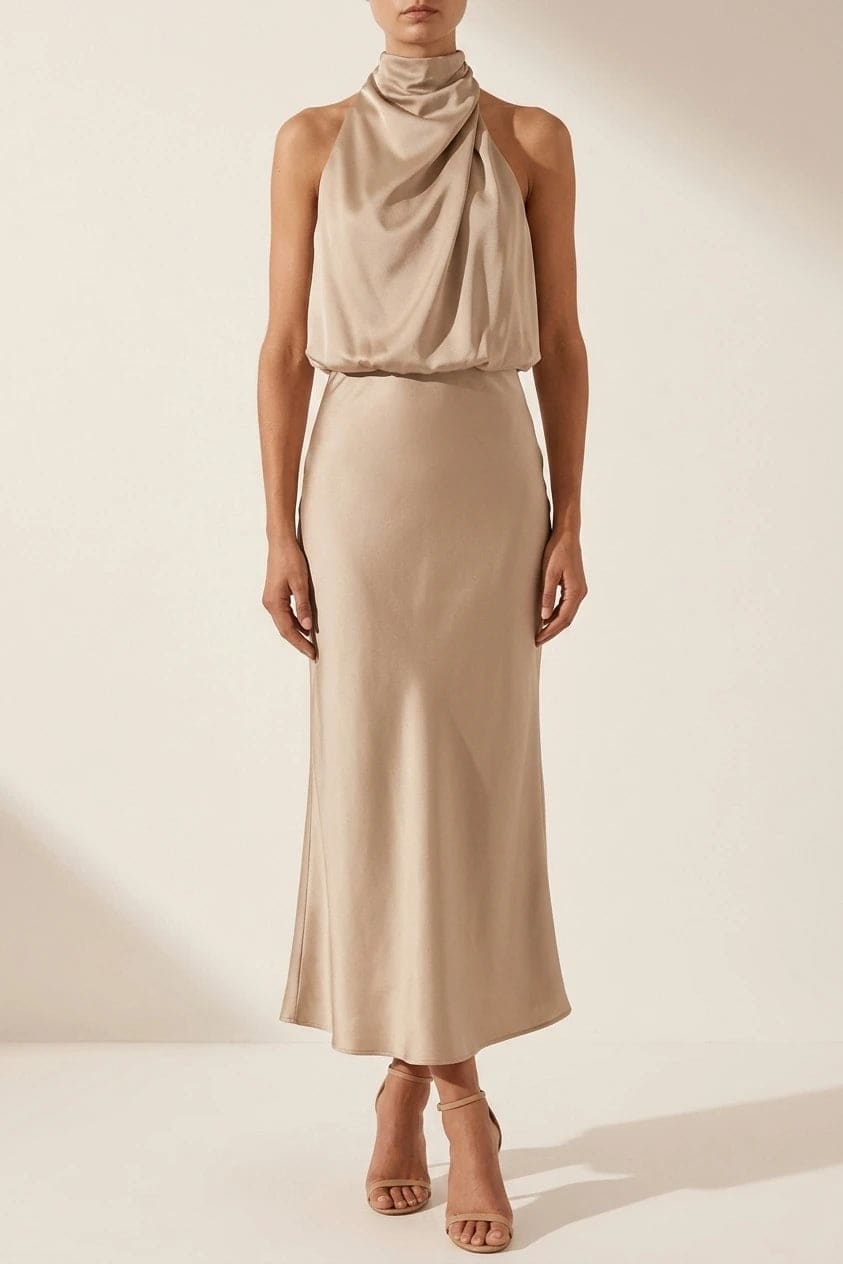 Sleeveless midi dress with a high draped neckline, blouson bodice and a bias cut skirt falling to the ankle._0