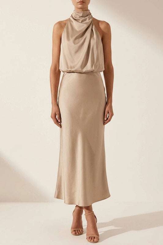 Sleeveless midi dress with a high draped neckline, blouson bodice and a bias cut skirt falling to the ankle._0