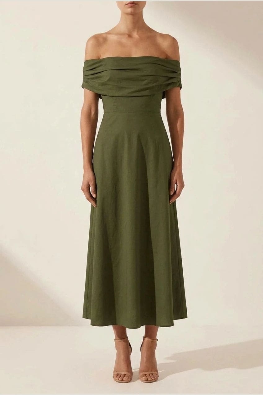 Sleeveless midi dress with a high draped neckline, blouson bodice and a bias cut skirt falling to the ankle._1
