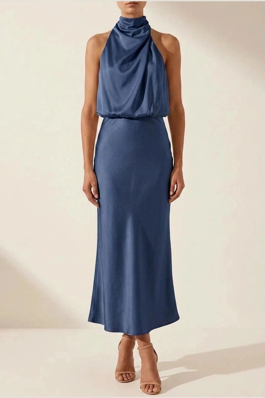 Sleeveless midi dress with a high draped neckline, blouson bodice and a bias cut skirt falling to the ankle._13