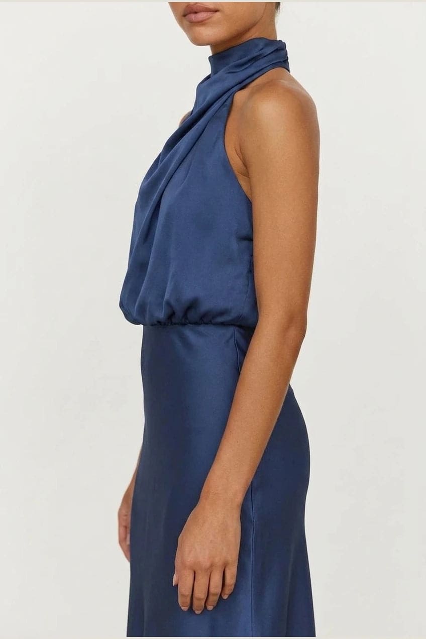 Sleeveless midi dress with a high draped neckline, blouson bodice and a bias cut skirt falling to the ankle._16