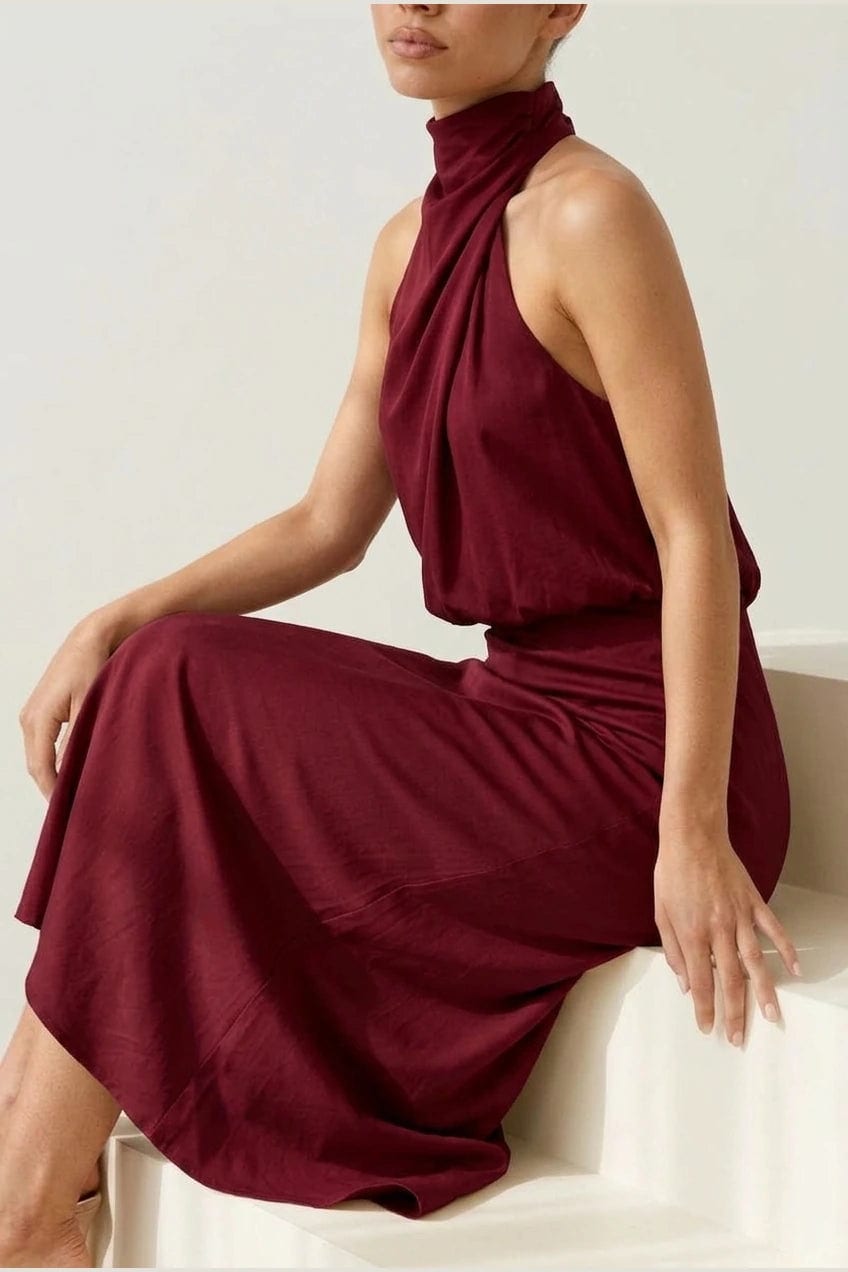 Maeve | Draped High Neck Sleeveless Bias Midi Dress