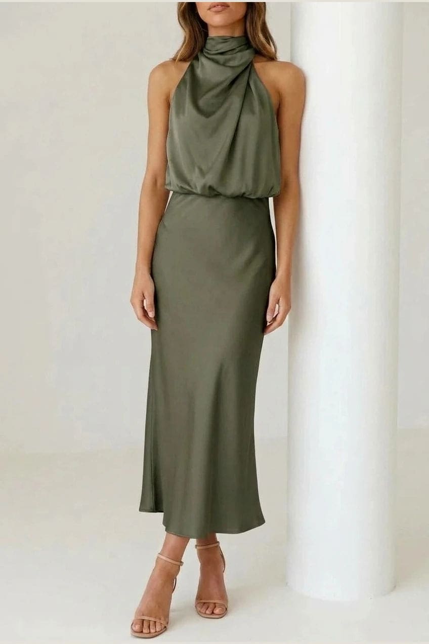 Sleeveless midi dress with a high draped neckline, blouson bodice and a bias cut skirt falling to the ankle._3