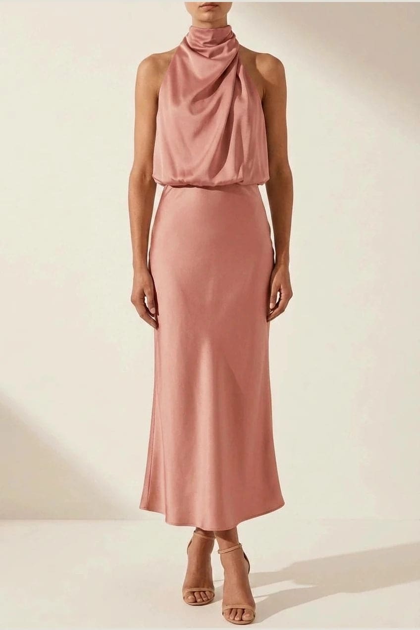 Sleeveless midi dress with a high draped neckline, blouson bodice and a bias cut skirt falling to the ankle._7
