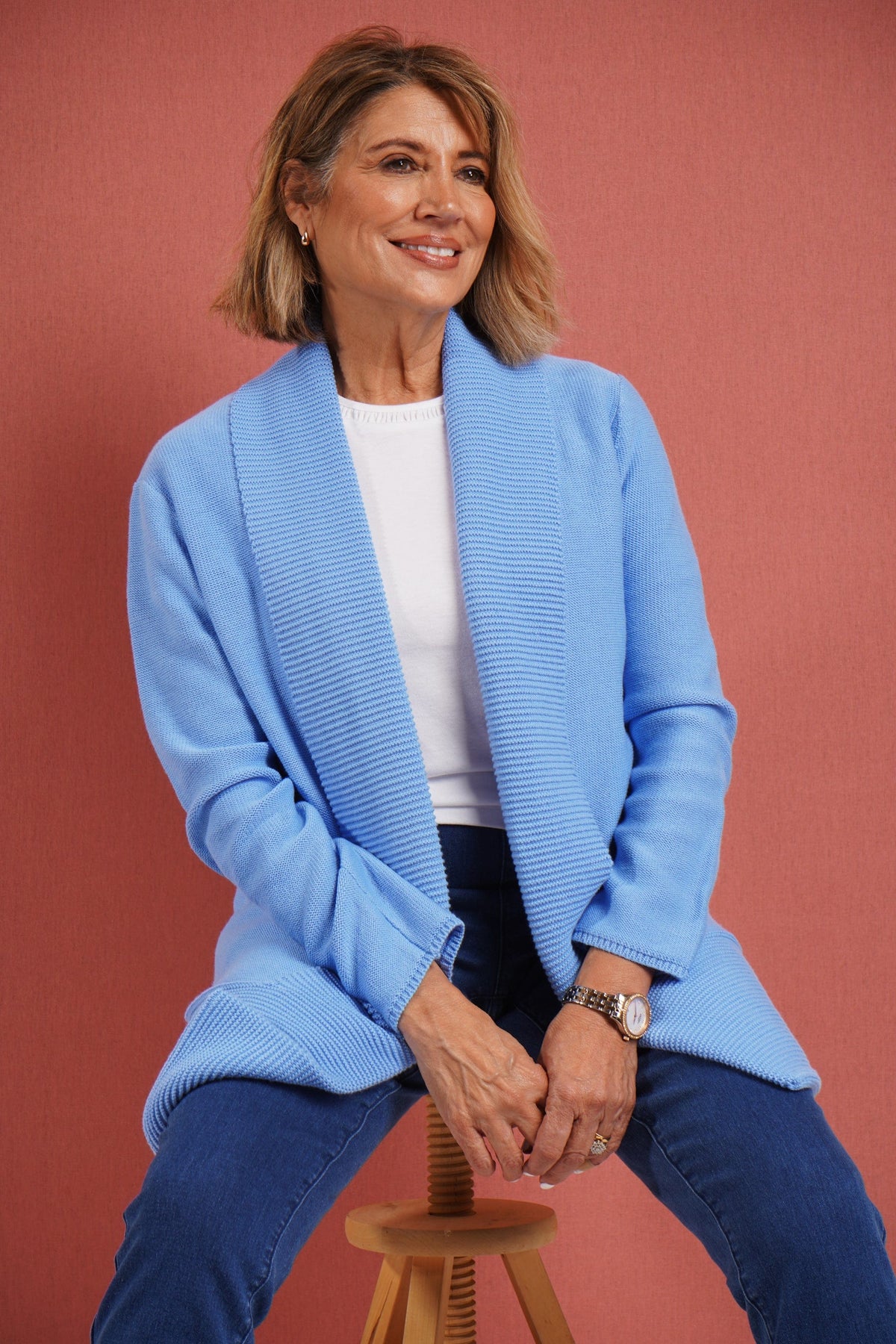 Fionnuala | Longline Open Front Knitted Cardigan with Shawl Collar and Pockets
