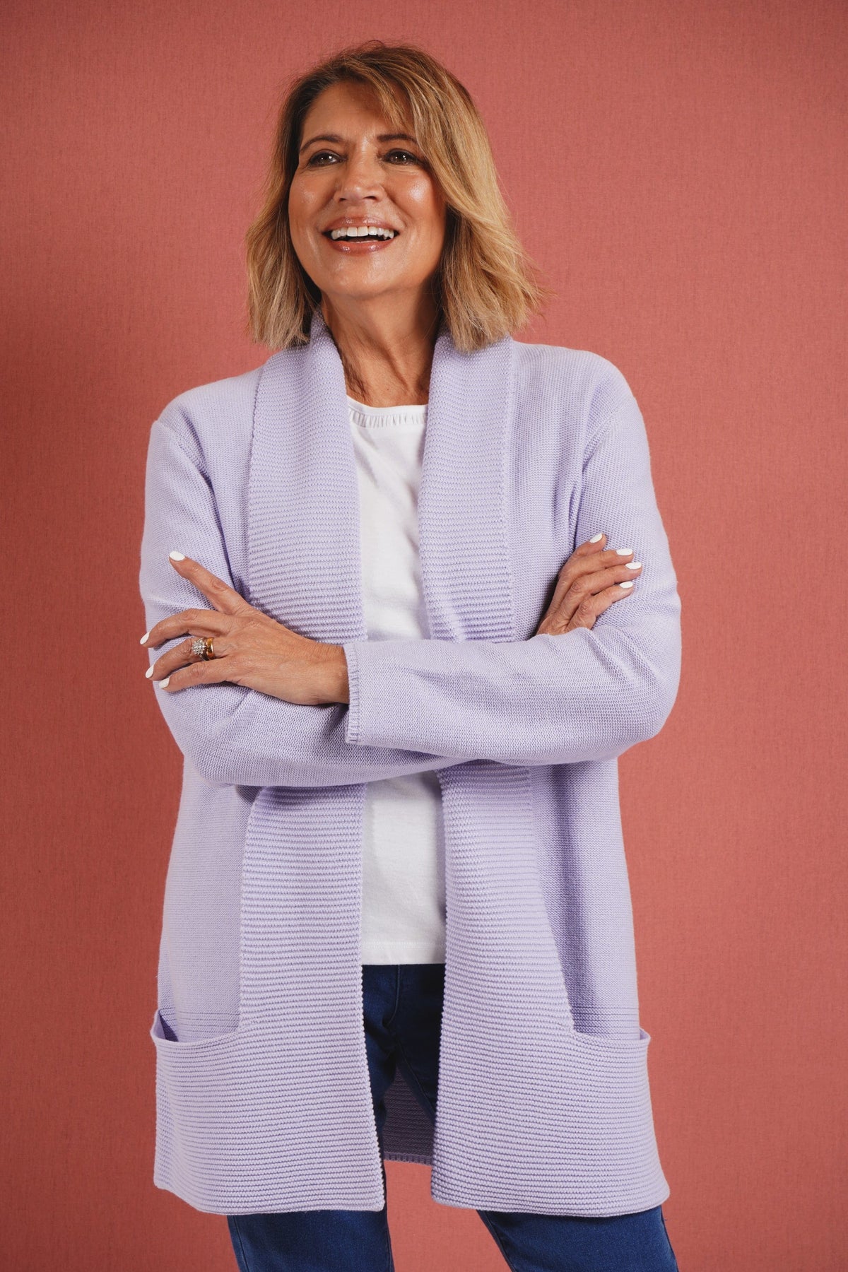 Fionnuala | Longline Open Front Knitted Cardigan with Shawl Collar and Pockets