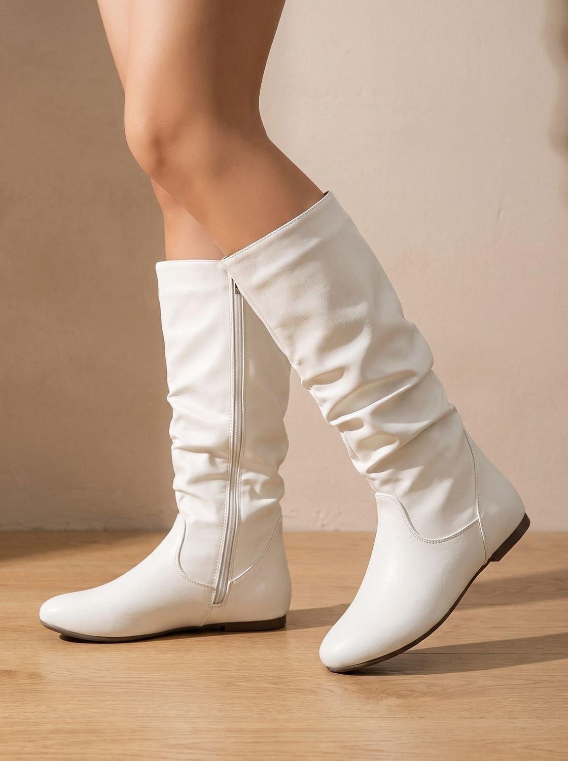 White knee-high boots shown in profile while one foot is lifted, revealing the side zipper, gathered shaft, and flat heel.