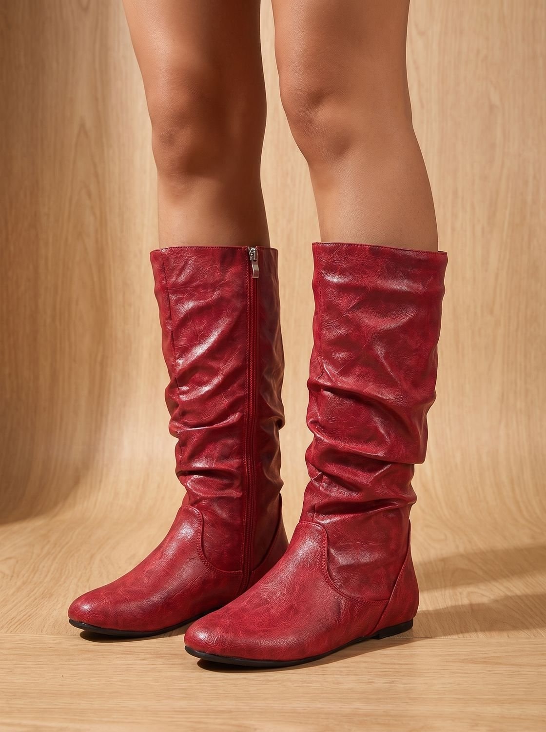 Pair of red slouchy knee-high boots standing against a wood backdrop, displaying their ruched shafts and low flat soles.