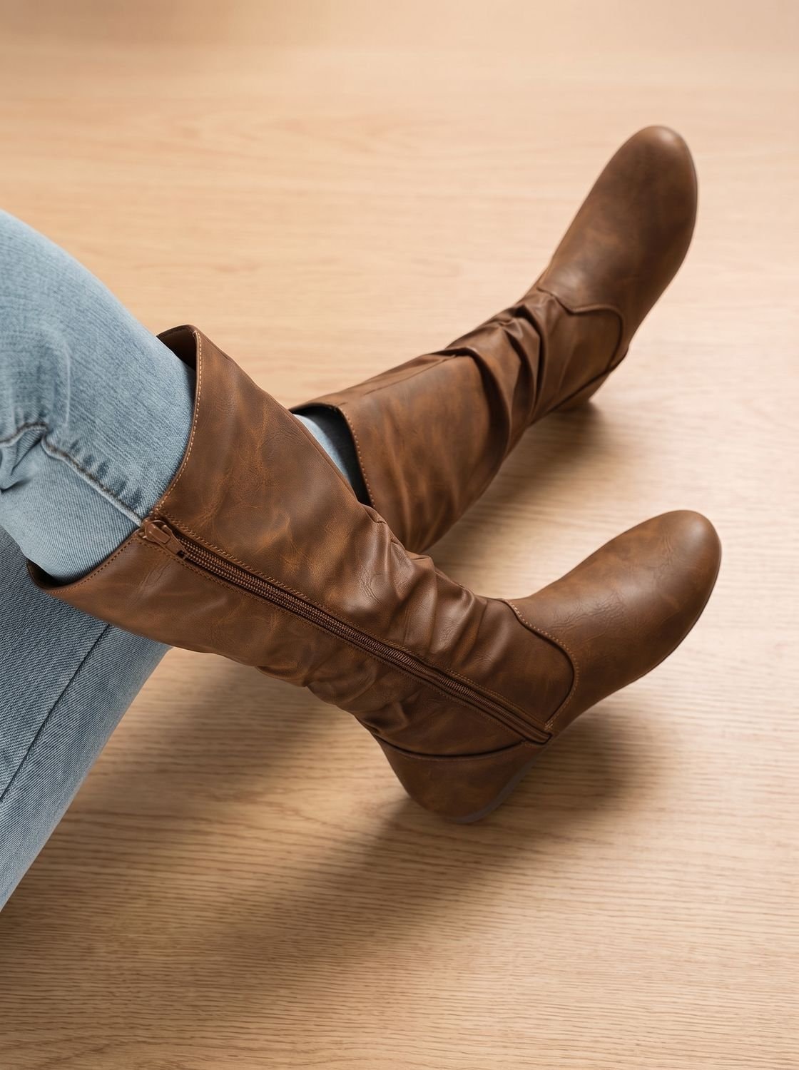 Brown knee-high flat boots crossed on a wood floor, showing their relaxed ruched shafts and side zipper.