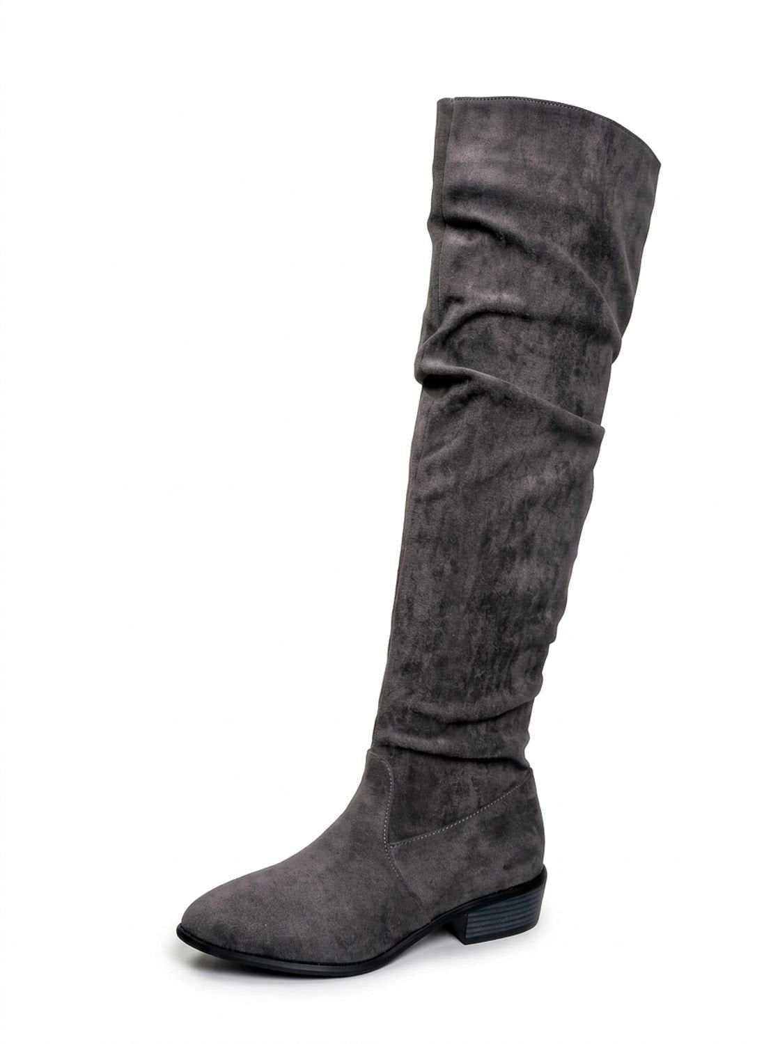 Single gray over-the-knee boot shown in profile, with a softly gathered shaft and low heel.