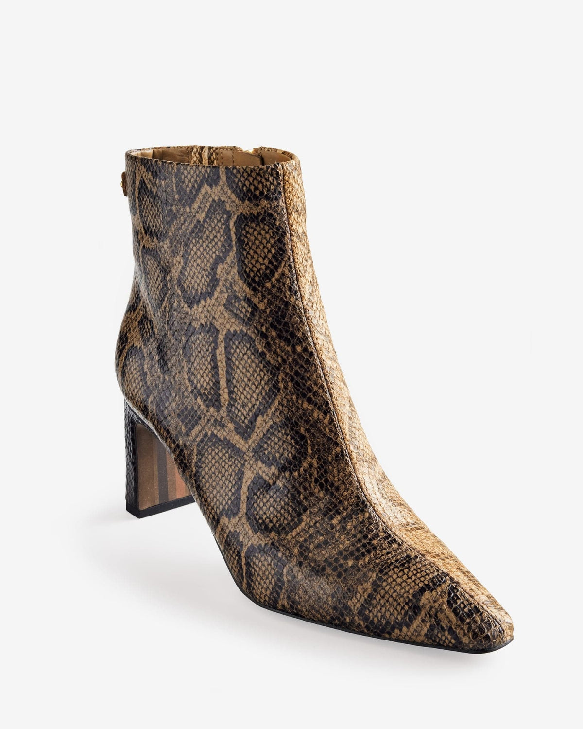 Ankle boot with snakeskin print, block heel, and square toe shown in profile against a light gray background._0
