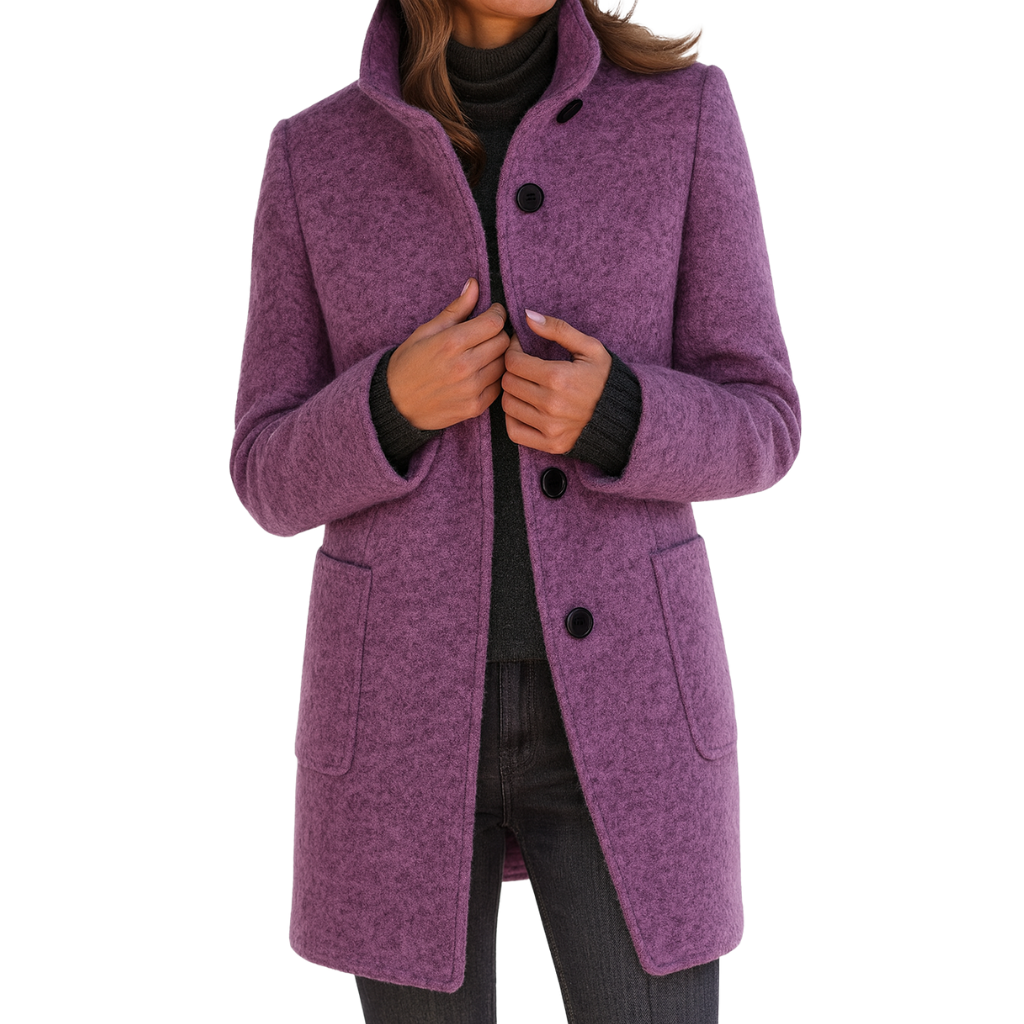 Plum purple thigh-length coat with a stand collar, button-front closure, long sleeves, and two large patch pockets.