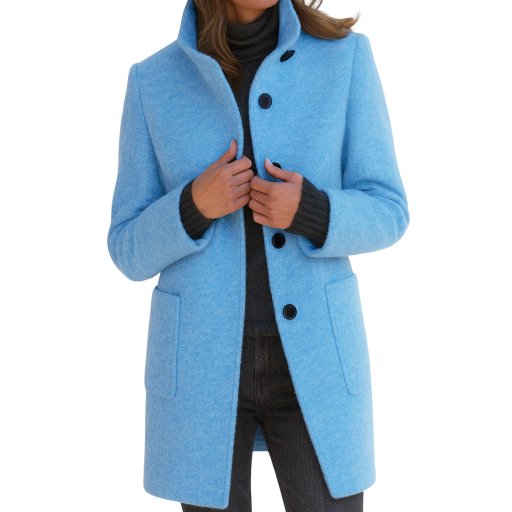 Sky blue women's stand-collar coat with dark front buttons, long sleeves, a thigh-length cut, and two patch pockets.