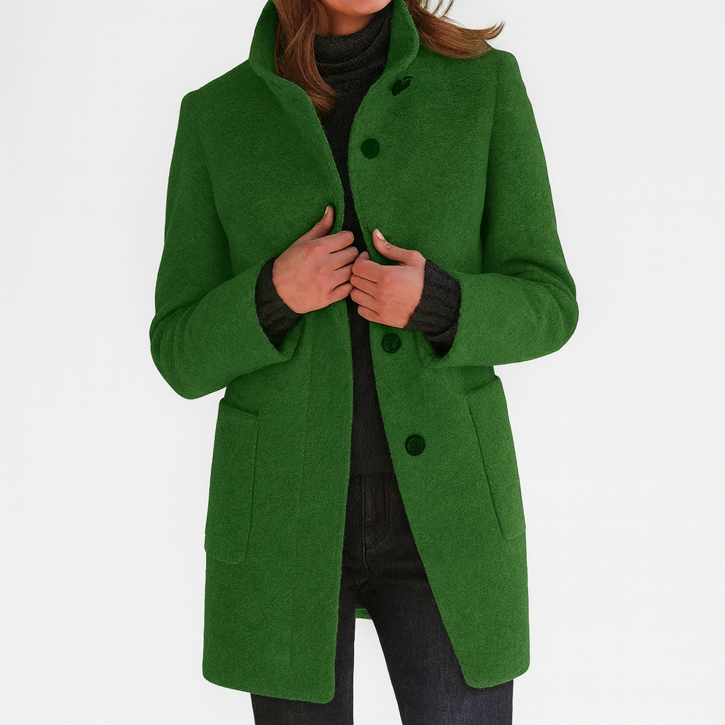Deep green women's stand-collar coat featuring a buttoned front, long sleeves, and large patch pockets at the lower front.