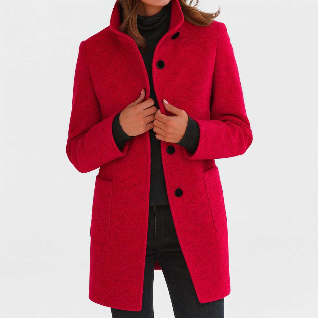 Bright red thigh-length coat with a standing collar, black buttons, long sleeves, and two visible front patch pockets.