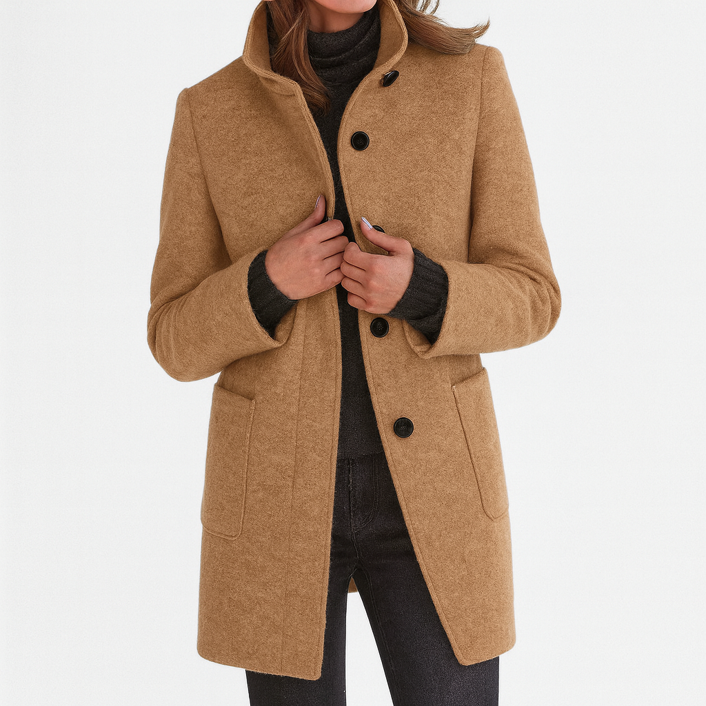 Camel-colored women's coat styled with a stand collar, button-front fastening, long sleeves, and low front patch pockets.