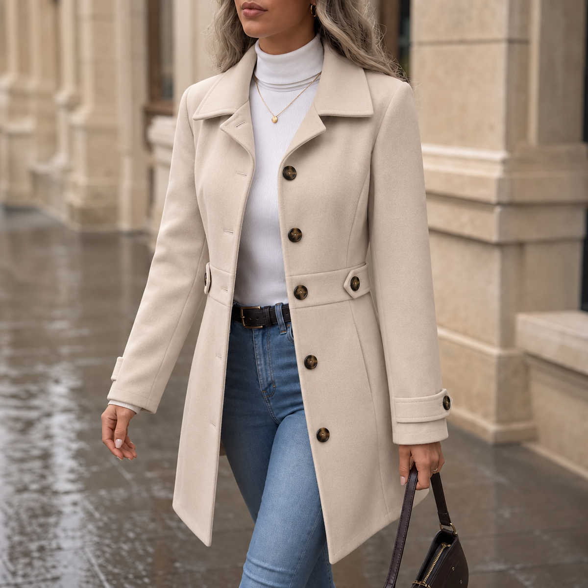 Front view of a light beige tailored mid-length coat with notched collar, button front, belted waist, side pockets, and buttoned cuff tabs.