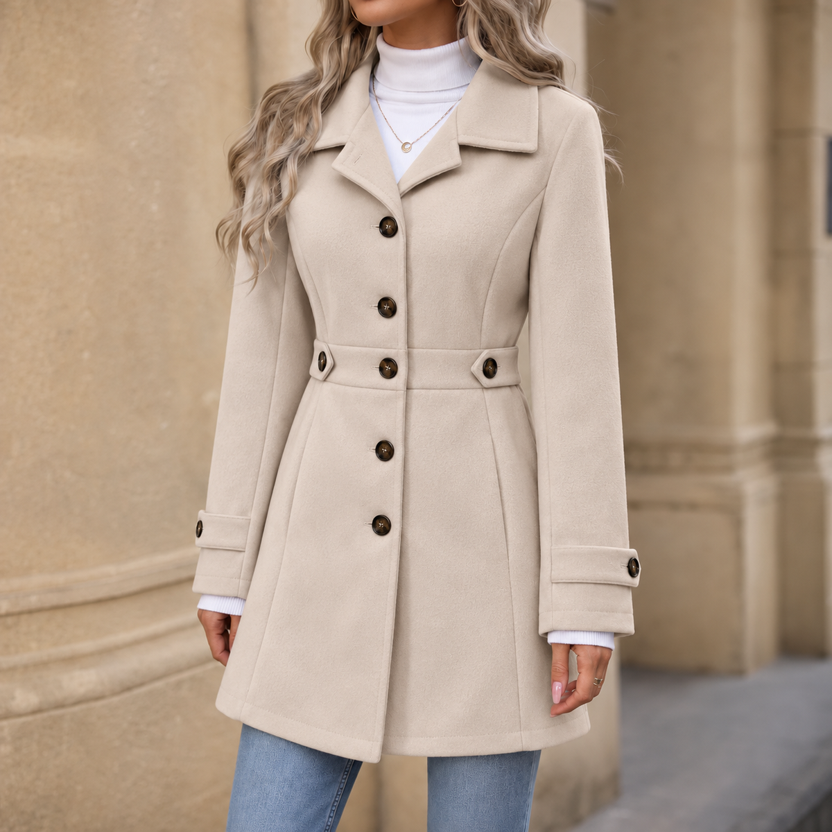 Cropped front view highlighting the coat’s notched collar, belted waist, button front, and cuff tabs.