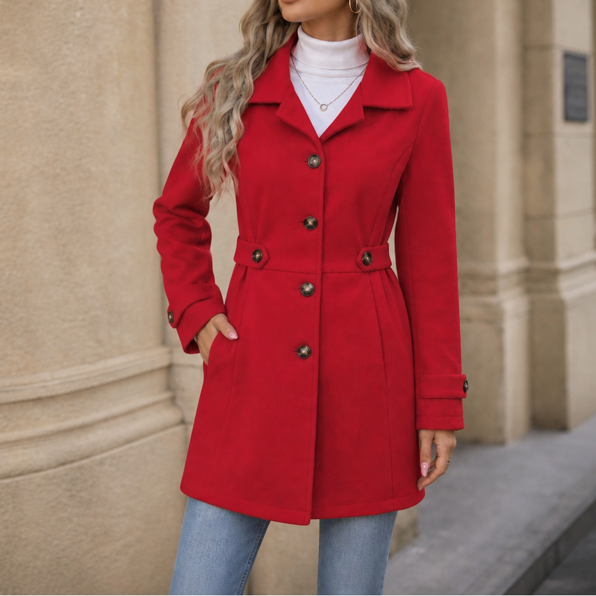 Red colorway of the tailored coat showing its button front, waist belt, side pockets, and cuff tabs.