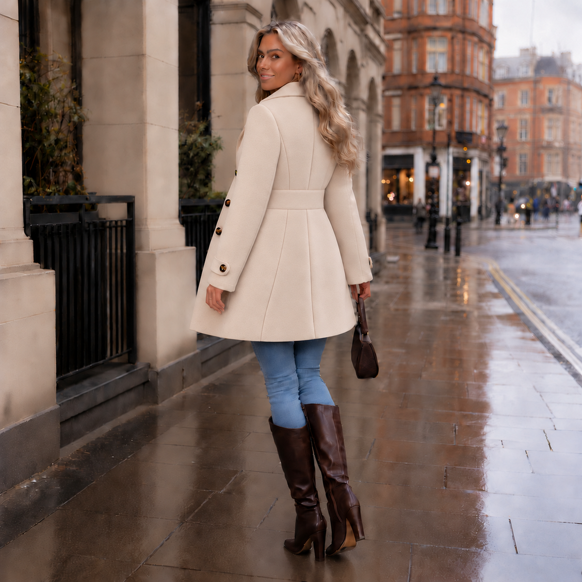 Back view of the light beige coat showing the belted waist, shaped seams, and flared mid-length hem.