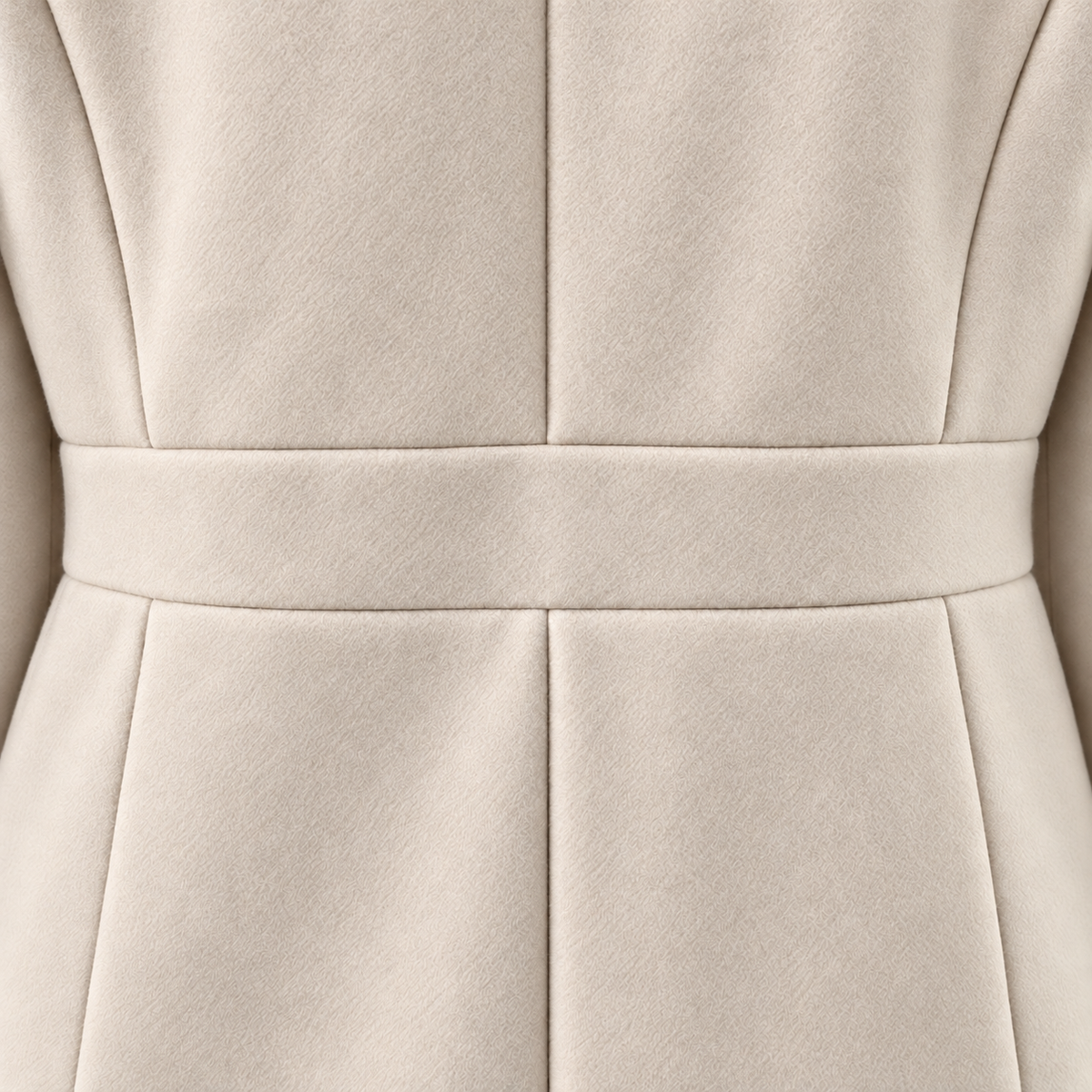 Close-up of the coat’s wide waist belt and vertical shaping seams.