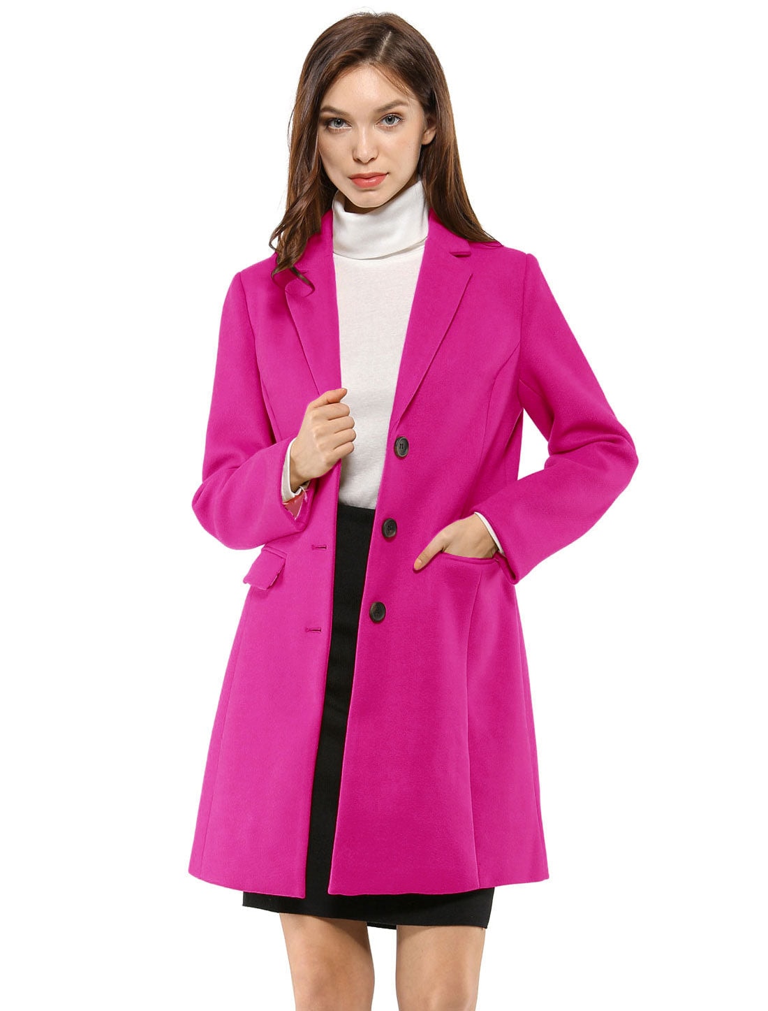 Fuchsia button-front coat shown at an angle, with one hand in a flap pocket and the other holding the lapel.