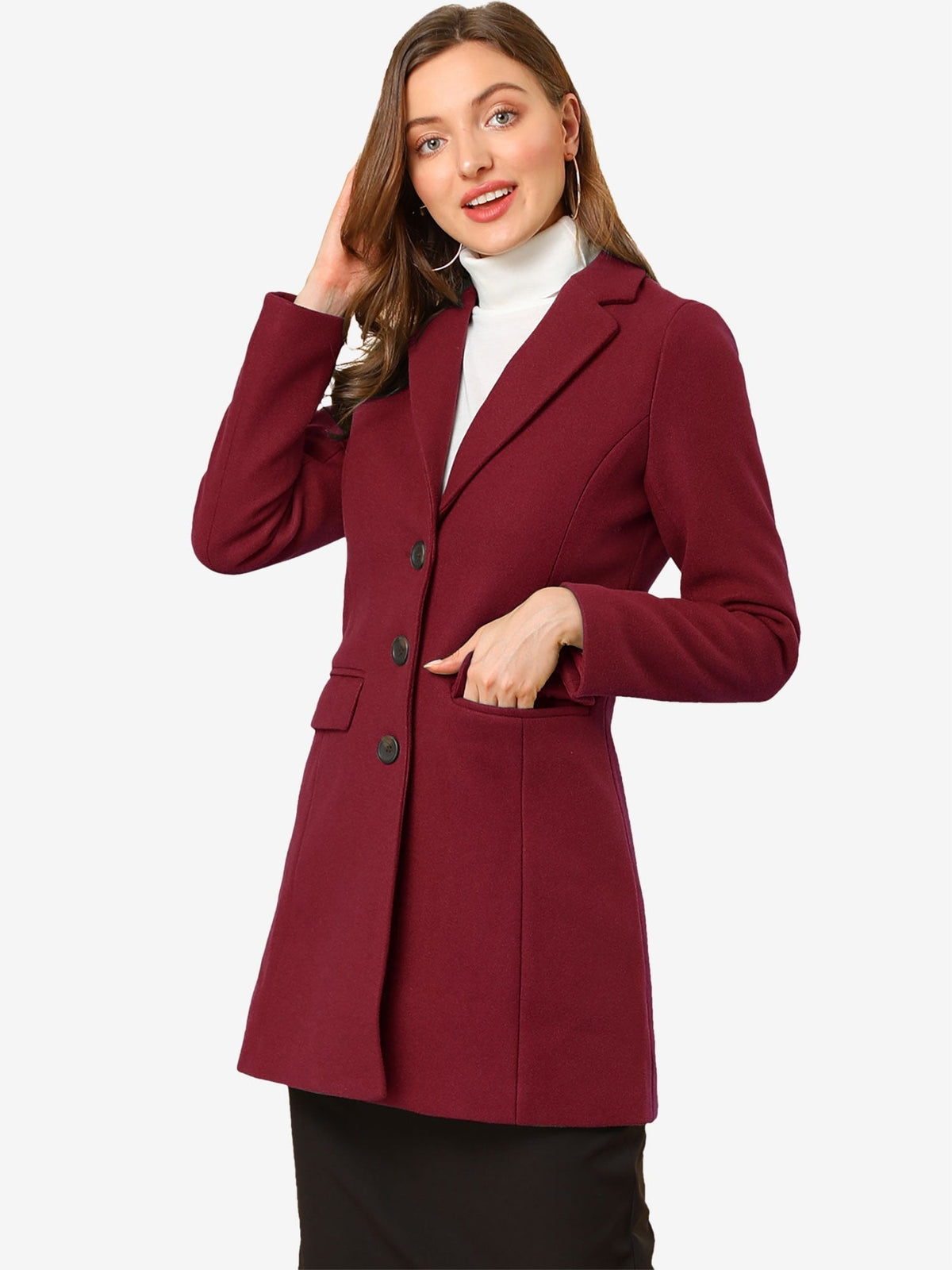 Deep burgundy tailored coat with notched lapels and flap pockets, shown in a three-quarter view.