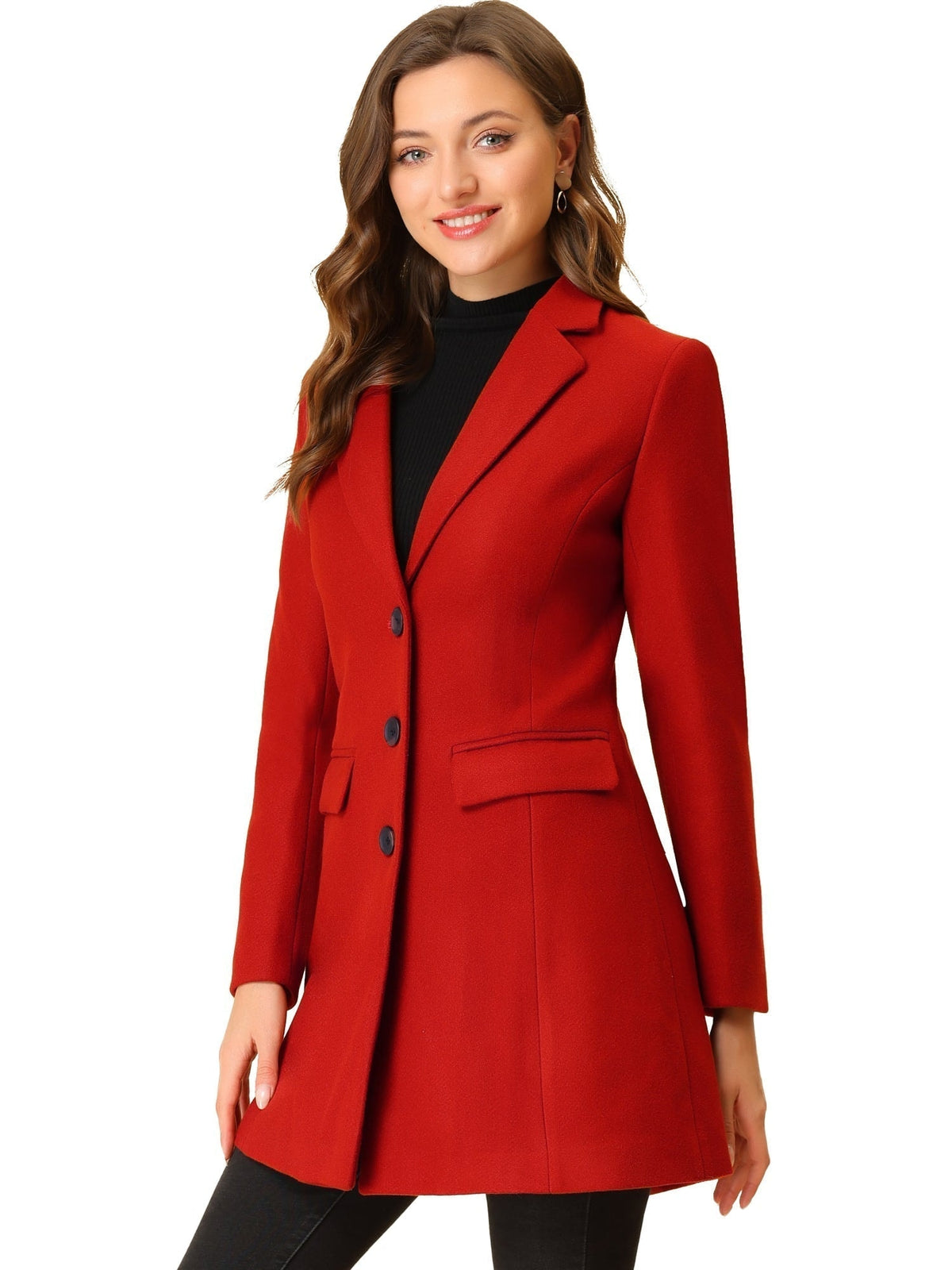 Red tailored coat shown in a three-quarter view over a black top, with flap pockets and a fitted waistline.