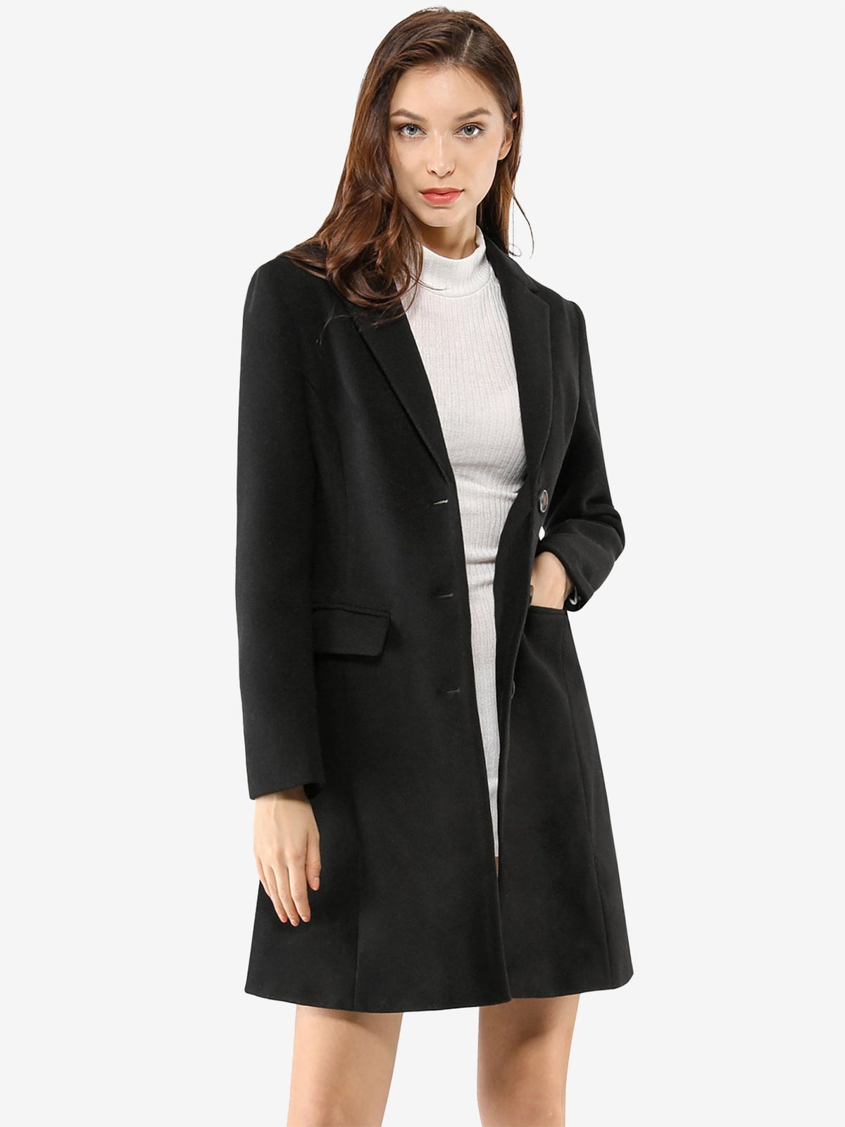 Black tailored coat with notched lapels and a flap pocket, shown over a light turtleneck dress.